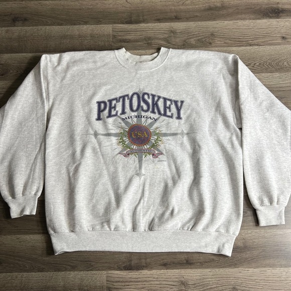 Y2K Petoskey Vacation Sweatshirt Mens XL 1999 Compass Rose Northen Michigan - Picture 1 of 8